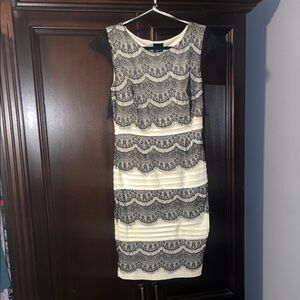 Elegant Lace Overlay Midi Dress - Black and Cream